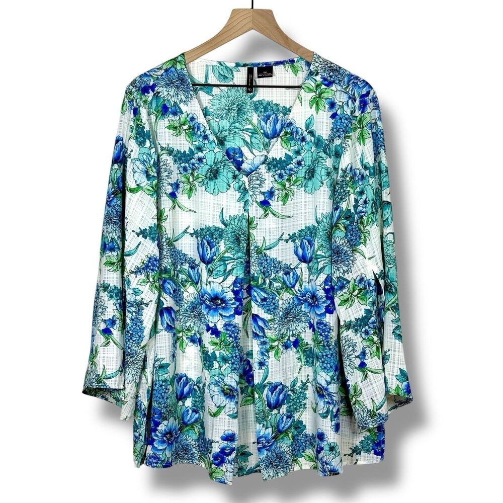 New Directions Womens Blouse Top 2X Blue Green Floral V Neck Lightweight Flowy